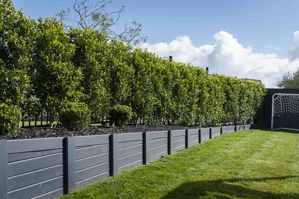 Sloped wooden retaining wall with fence and hedge above
